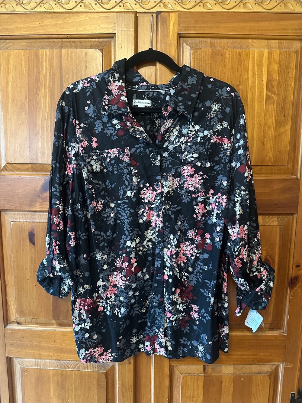 croft & barrow Black Floral Button-Down Shirt with Pink and Blue Accents